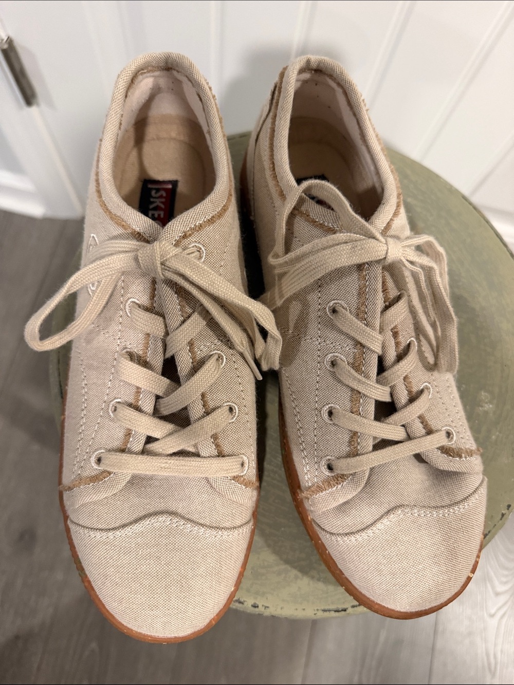 Skechers Women’s Beige Canvas Lace-Up Sneakers with Gum Outsole